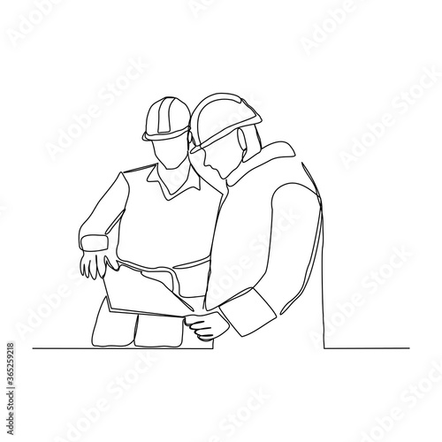 Continuous line drawing of contractor manager discussion and giving instruction to foreman builder holding blueprint and safety helmet. Vector illustration