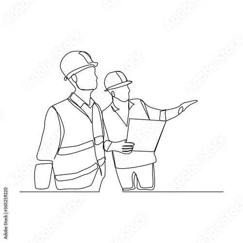 Continuous line drawing of contractor manager discussion and giving instruction to foreman builder holding blueprint and safety helmet. Vector illustration