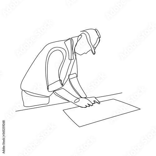 Continuous line drawing of architect wearing safety helmet and uniform drawing on blueprint to palnning bulding construction. Vector illustration