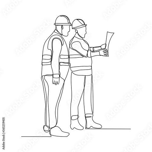 Continuous line drawing of contractor manager discussion and giving instruction to foreman builder holding blueprint and safety helmet. Vector illustration