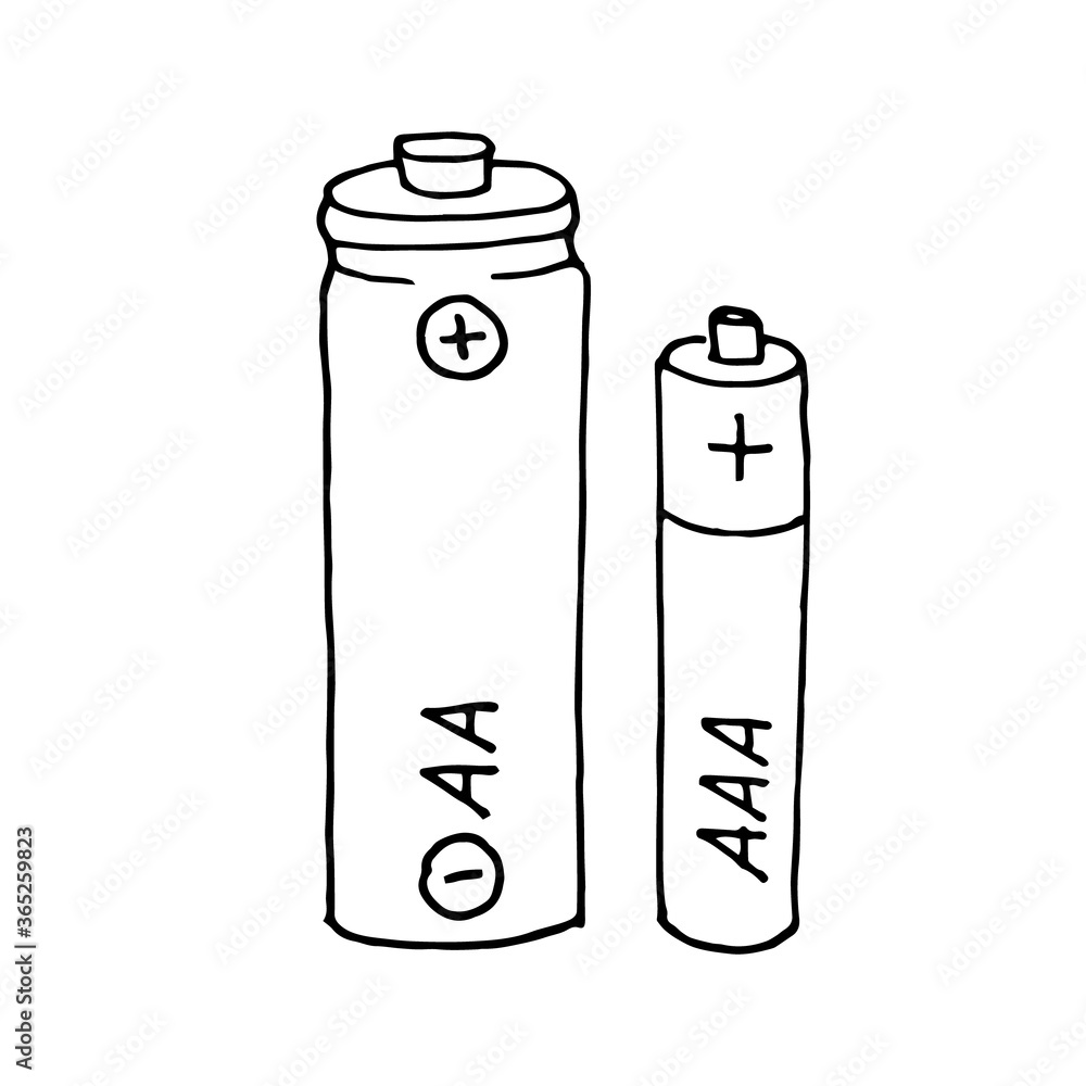 A hand-drawn graphic representation of two batteries of different sizes. Black and white vector image isolated on white background. A hand-drawn graphic representation of two batteries of different sizes. Black and white vector image isolated on white background.