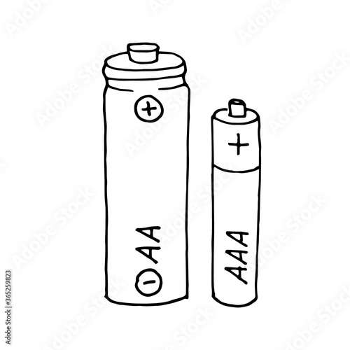 A hand-drawn graphic representation of two batteries of different sizes. Black and white vector image isolated on white background.