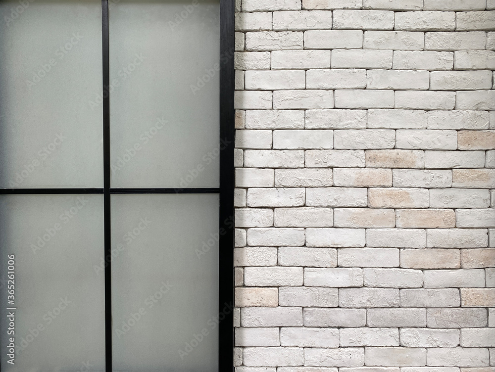 Old window in the cafe Which has a vintage style and on the right there is a copy space in a clean, beautiful white brick background. advertisement, announcement concept.. Old window in the cafe Which has a vintage style and on the right there is a copy space in a clean, beautiful white brick background. advertisement, announcement concept..