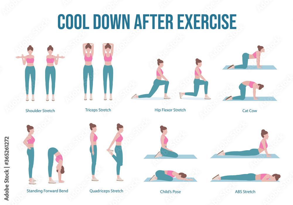 Vetor do Stock: Woman doing cool down after exercise workout set. In order  to stretch your muscles .This helps to reduce your risk of injury, such  pulling a muscle or tearing a
