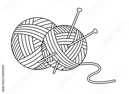 Balls of yarn with knitting needles icon. Linear style. Vector flat illustration on white background.