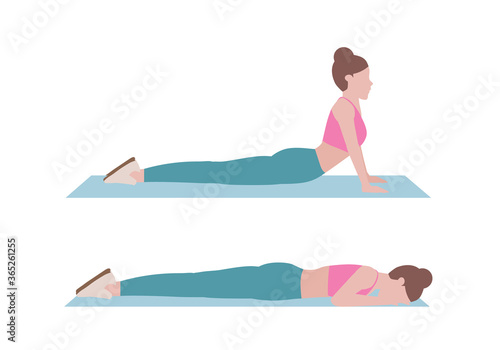 Woman doing cool down after exercises. for doing Abs Stretch which Building greater flexibility overall, Helping your body get back to its pre-exercise state. Illustration cartoon style