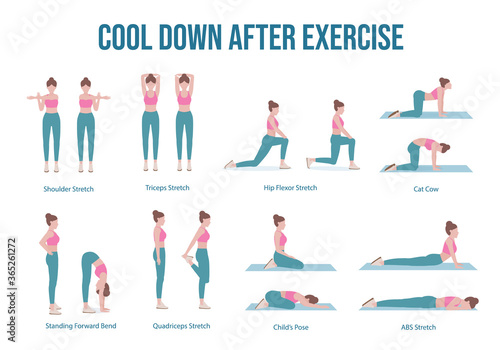 Woman doing cool down after exercise workout set. In order to stretch your muscles .This helps to reduce your risk of injury, such  pulling a muscle or tearing a ligament.  Illustration cartoon style.
