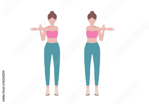 Woman doing cool down after exercises. for doing Shoulder Stretch which Building greater flexibility overall, Helping your body get back to its pre-exercise state. Illustration cartoon style