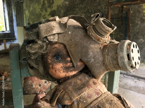 Ukraine, Pripyat. Abandoned city. Chernobyl Exclusion Zone. Creepy doll toy