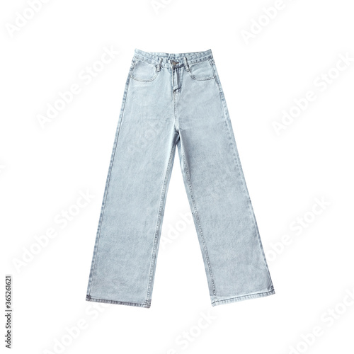 Light blue jeans isolated on white, Wide leg denim jeans. photo