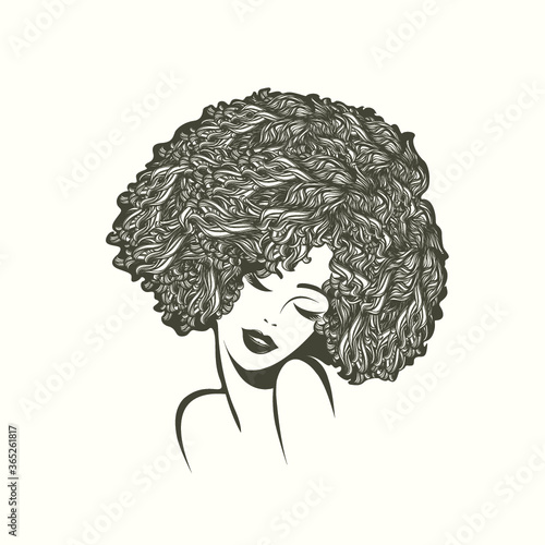 Hair salon and beauty studio illustration.Beautiful woman portrait with Afro, curly hairstyle and elegant makeup.Cosmetics and spa logo.Young lady face.Smiling female.