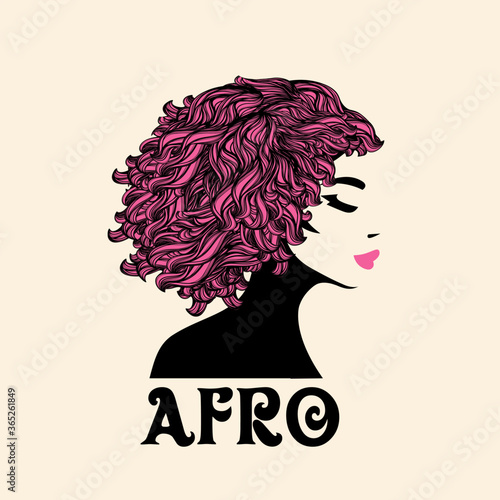 Hair salon and beauty studio illustration.Beautiful woman portrait with Afro, curly hairstyle and bold makeup.Cosmetics and spa logo.Young lady face.Profile view female.