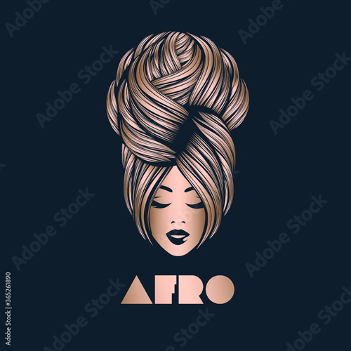 Hair salon and beauty studio illustration.Beautiful woman portrait with elegant, wavy hairstyle and bold makeup.Cosmetics and spa logo.Young lady face.Sophisticated hair bun.Smiling female.