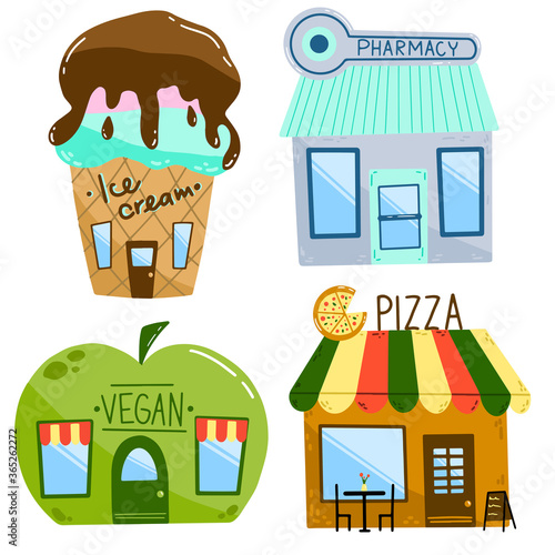 Flat vector illustration of cartoon houses. Set of shops isolated on a white background. Ice cream cafe, pharmacy, vegan shop and pizzeria in a hand drawn primitive style.