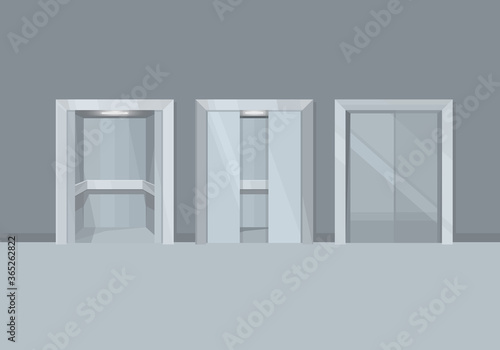 Elevators with closed, opened and half closed doors. Passenger lifts in cartoon style.