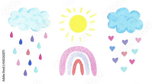 Watercolor illustration with neutral calm rainbow, clouds, sun, hearts and raindrops isolated on white. Baby shower, nursery decor.