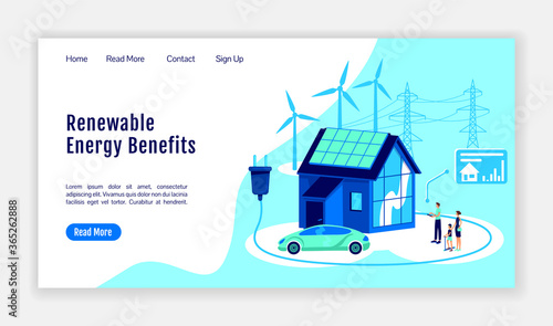 Renewable energy benefits landing page flat color vector template
