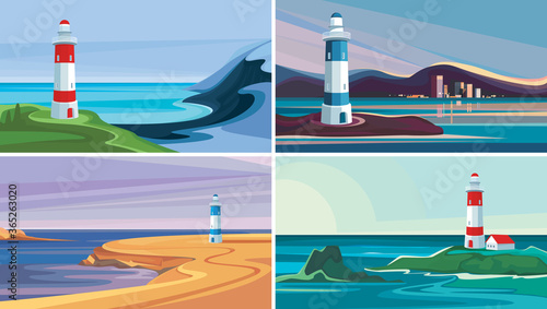 Set of seascapes with lighthouse. Beautiful nature sceneries.