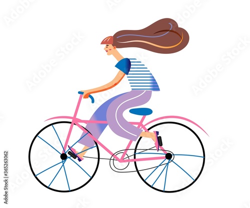 Girl riding bicycle flat vector illustration. Young woman on bike cartoon character. Environment friendly, ecologically clean personal transport. Healthy lifestyle, nature protection.