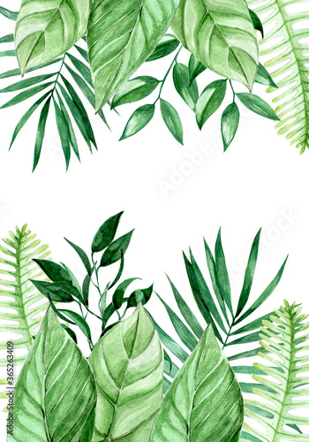 watercolor drawing, frame with tropical leaves. border palm leaves, jungle plants. bright summer background with place for text isolated on white background