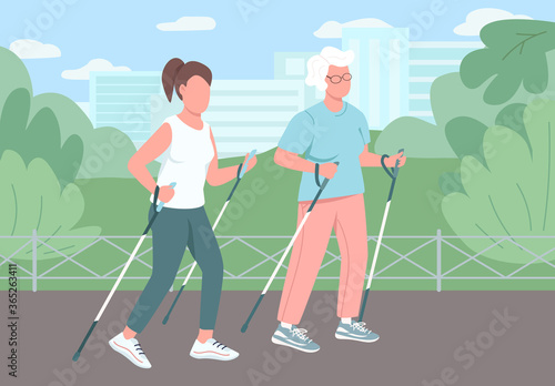 Sport walking flat color vector illustration