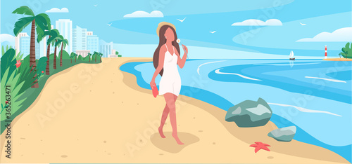 Walk on beach flat color vector illustration