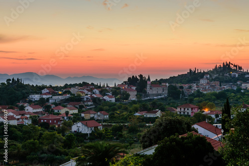 Trpanj town is a picturesque resort town on the Peljesac Peninsula  Dalmatia region  Croatia. Beautiful view at sunrise.