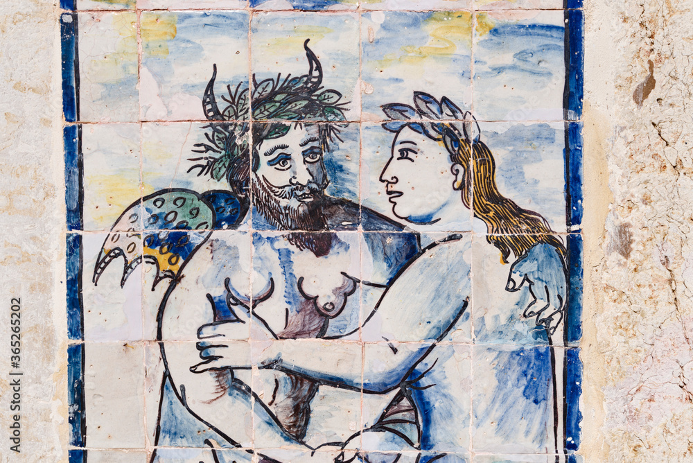 Naklejka premium detail of mythological azulejos on the walls of The Palace of the Marquesses of Fronteira in Lisbon, Portugal