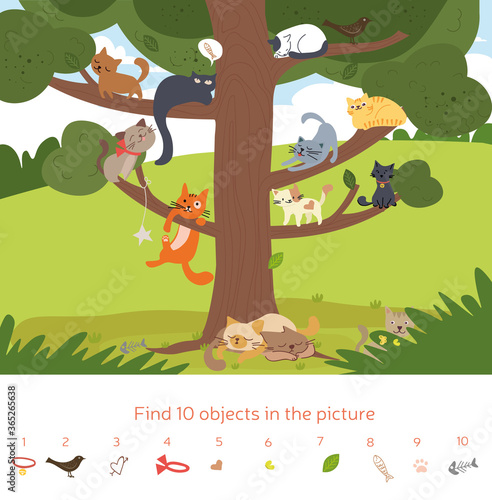 Cute cartoon cats in a tree kids puzzle to find 10 listed objects in the scene, colored vector illustration