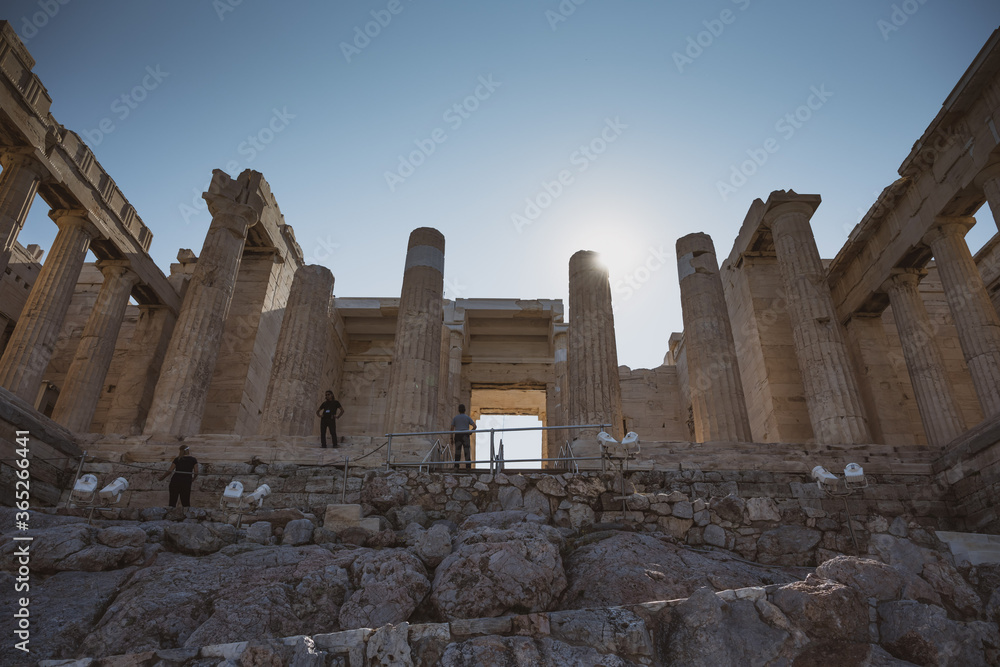 The entrance temple Propylaea to the Acropolis in Athens in scenic back light.