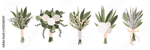 Set of wedding bouquets with flowers rose, lavender eucalyptus green leaves isolated on white background. Boho bridal wedding arrangements vector illustration in cartoon flat style