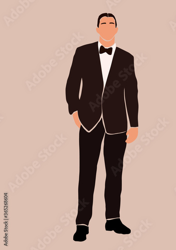 Abstract groom in wedding suit card isolated on light background. Fashion minimal trendy man in cartoon flat style. Trendy poster wall print decor vector illustration