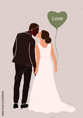 Abstract wedding couple groom and bride card isolated. Fashion minimal trendy people in cartoon flat style. Trendy poster wall print decor vector illustration