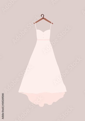 Engagement wedding woman dress card isolated on white background. Fashion minimal trendy bride clothing on hanger in cartoon flat style. Trendy poster wall print decor vector illustration
