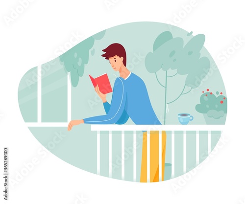Vector young man enjoy reading standing on balcony