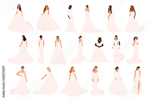 Set of abstract brides in various wedding dress isolated on white background. Different nationalities african american latin european bride fiancee woman vector illustration in cartoon flat style
