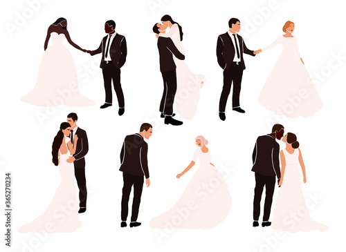 Set of abstract wedding couple grooms and brides in various pose isolated. Multiracial african american european fiancee bridegroom marriage people vector illustration in cartoon flat style