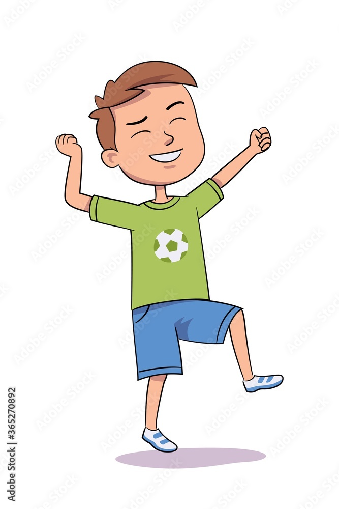 Smiling boy jumping for joy and hands up. Cute child isolated on white background. Vector character illustration of children gestures, emotions, types of moods.