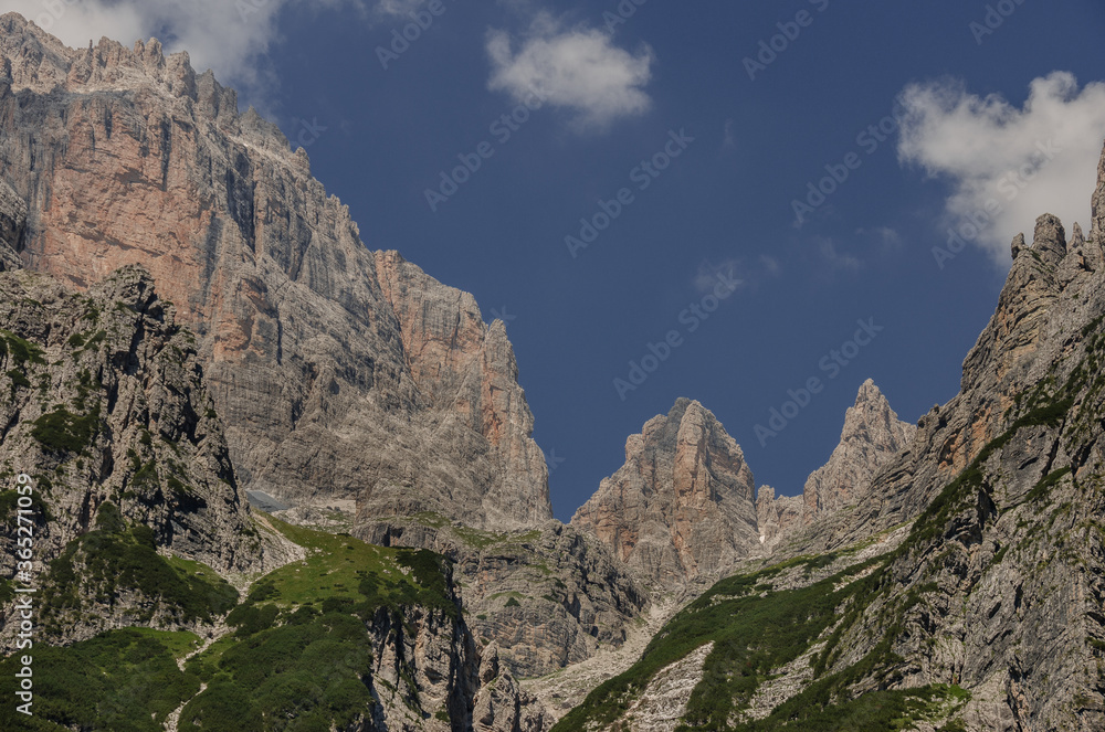 Cima Brenta massif with Cima Sella, as seen from Croz dell Altissimo refuge, Brenta Dolomites, Molveno, Trentino, Italy.