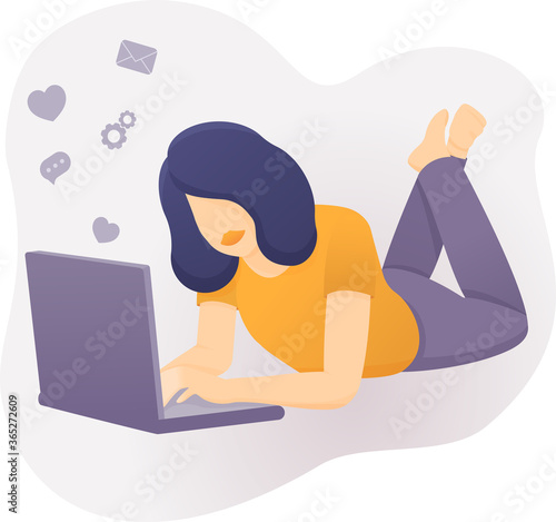 vector flat illustration, woman girl teenager freelancer at a computer, laptop working on floor, work at home