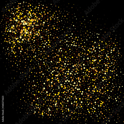 Gold glitter shine texture on a black background. Golden explosion of confetti. Isolated Design element. Vector illustration.