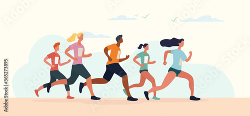 Diverse group of runners in a Marathon with men and women competing running together, colored vector illustration
