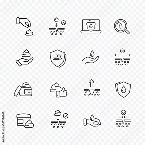 Care dry skin line icon set isolated on transparent background. Vector moisture cream search signs. Shaving mousse, gel or lotion outline stroke symbols