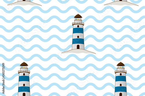 Classic lighthouse vector illustration. Blue beacon on waves seamless.