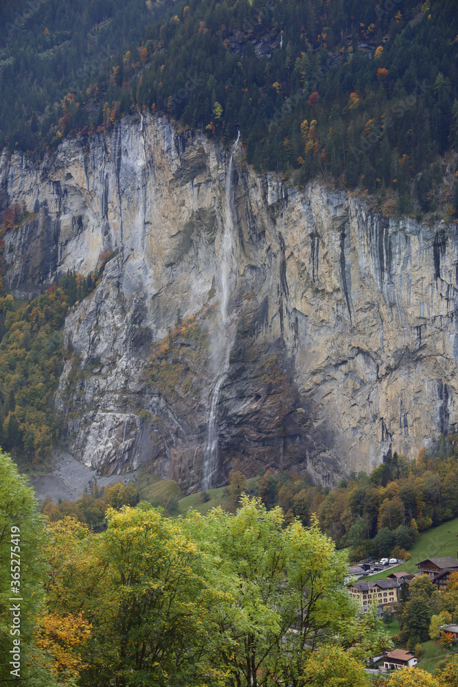 View of Landscape waterfall from forest on mountain in nature and environment at swiss