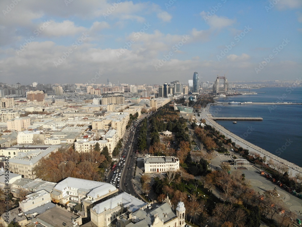 Amazing aerial view from above by drone on capital of Azerbaijan - Baku. Caspian Sea