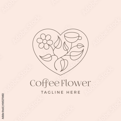 Coffee Flower Abstract Vector Trendy Sign, Symbol or Linear Logo Template. Leaves with Cup in a Heart Frame with Typography.