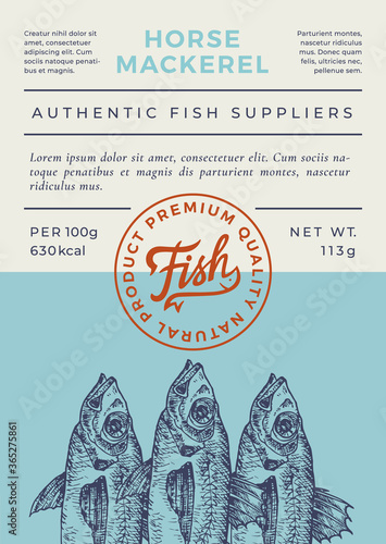 Ocean Fish Abstract Vector Packaging Design or Label. Modern Typography Banner, Hand Drawn Horse Mackerel Silhouette with Lettering Logo Stamp. Color Paper Background Layout.