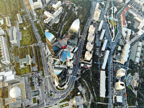 Amazing aerial view from above by drone on capital of Azerbaijan - Baku. Flame Towers