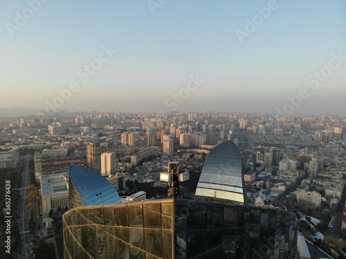 Amazing aerial view from above by drone on capital of Azerbaijan - Baku. The Flame Towers
